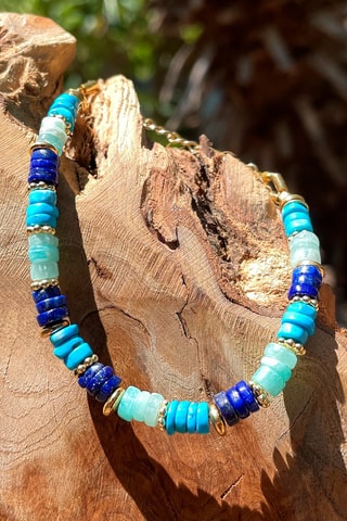 Bracelet doré à l'or fin jaune - Turquoises, amazonites et lapis-lazulis