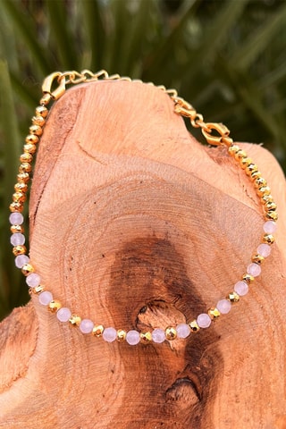 Bracelet doré à l'or fin jaune - 
Quartz roses et pyrites