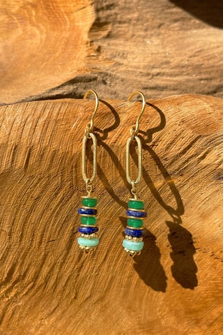 Boucles d'oreilles dorées à l'or fin jaune - Onyx, amazonite et lapis-lazuli