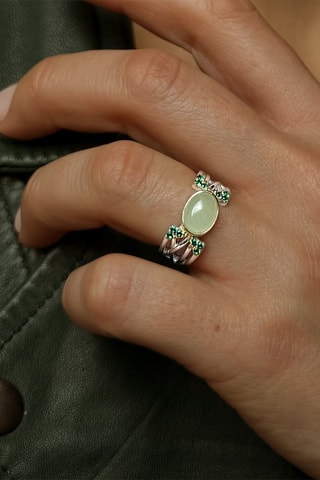 Bague - Argent, argent plaqué or jaune, quartz et émeraudes