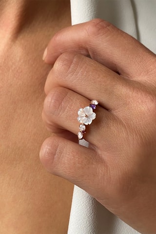Bague - Argent doré à l'or rose, améthystes et nacre