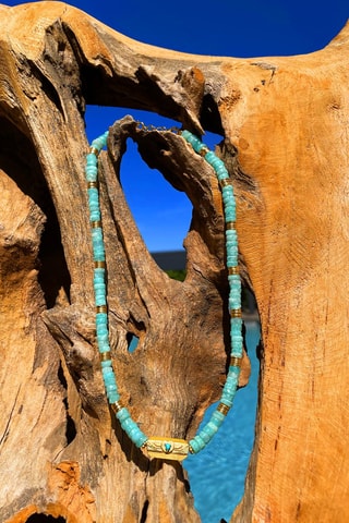Collier doré à l'or fin jaune - Amazonite et turquoise