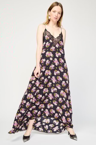 $Robe longue en soie - Noir et rose