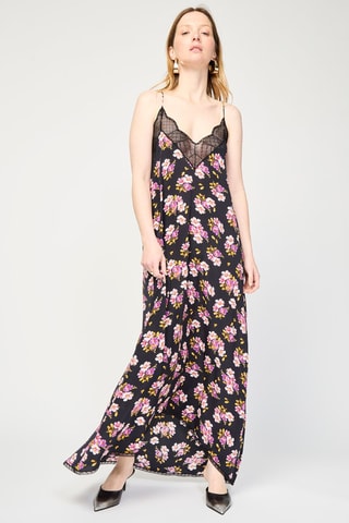$Robe longue en soie - Noir et rose