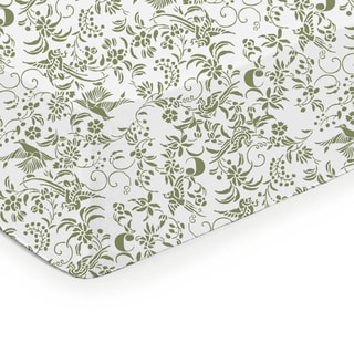 $Drap-housse en satin de coton 200 fils/cm² Birds - Vert olive et blanc