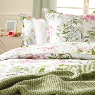 $2 taies d'oreiller en satin de coton 200 fils/cm² Jardin des Roses - Vert thym et blanc