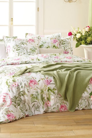 $Parure de couette en satin de coton 200 fils/cm² Jardin des Roses - Vert thym et blanc