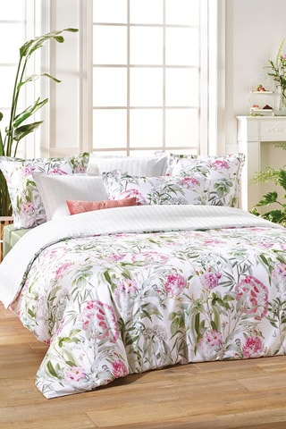 $Parure de couette en satin de coton 200 fils/cm² Jardin de Roses - Blanc et vert