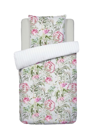 $Parure de couette en satin de coton 200 fils/cm² Jardin de roses - Vert thym et rose