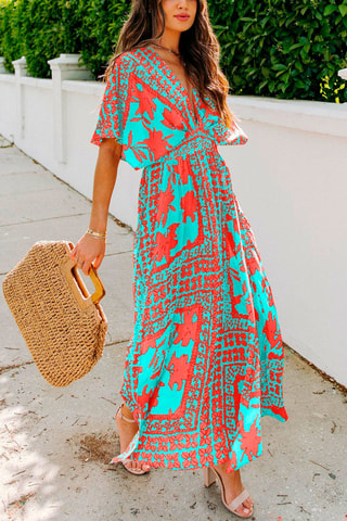 $Robe longue - Turquoise et orange