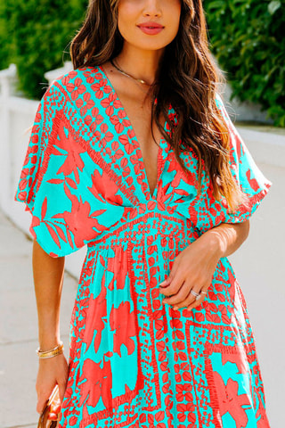 $Robe longue - Turquoise et orange