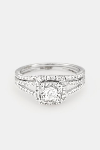 $Alliance et solitaire Carré somptueux - Or blanc, diamants et solitaire