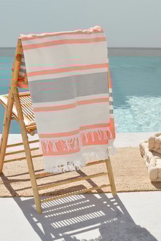 $Fouta de plage - Blanc et corail - 90 x 180 cm