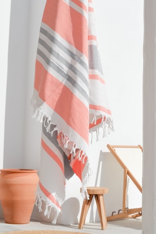 $Fouta de plage - Blanc et corail - 90 x 180 cm