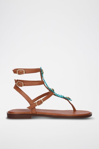 $Spartiates en cuir Chios - Camel et turquoise