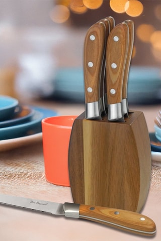 $Bloc en bois avec 6 couteaux à steak en acier inoxydable