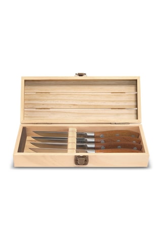 $Coffret en bois avec 4 couteaux à steack en acier inoxydable et manche en bois- 5 pièces