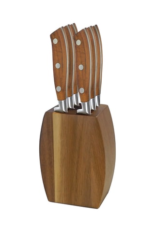 $Bloc en bois avec 6 couteaux à steak en acier inoxydable