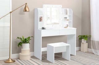 Coiffeuse 2 tiroirs et tabouret Zita - Blanc
