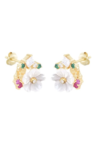 $Boucles d'oreilles - Argent plaqué or jaune, rubis, émeraudes et nacre