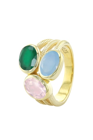 $Bague - Argent plaqué or jaune, pierre de lune, quartz et onyx