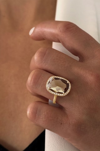 $Bague Argent plaqué or jaune et quartz fumé