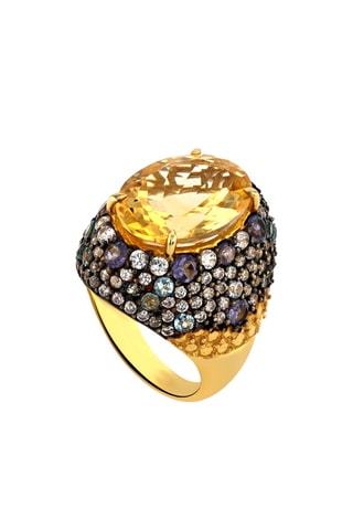 $Bague - Argent plaqué or jaune, citrine, topazes et tanzanites