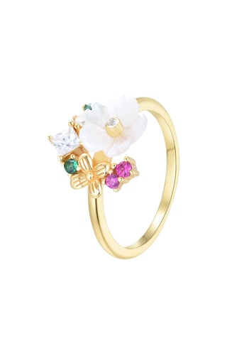 $Bague - Argent plaqué or jaune, rubis, zircons et émeraude