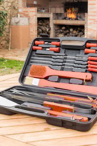 Mallette d'ustensiles pour barbecue en acier inoxydable et bois