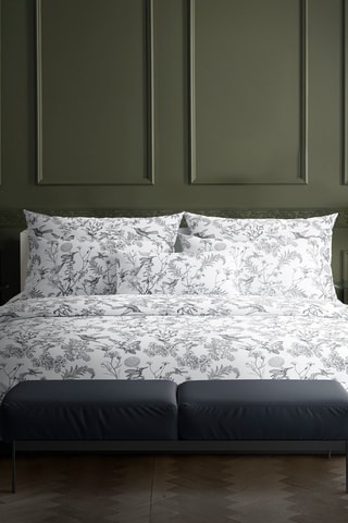 2 taies d'oreiller en satin de coton 80 fils/cm² Colibri floral - Gris et blanc