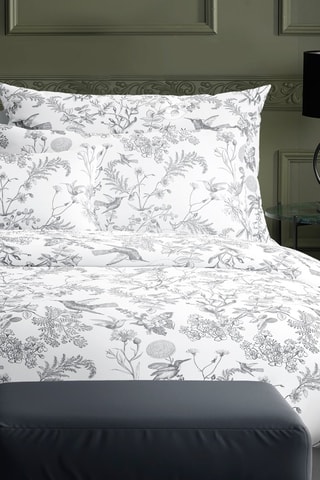 2 taies d'oreiller en satin de coton 80 fils/cm² Colibri floral - Gris et blanc