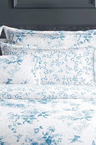 2 taies d'oreiller en satin de coton 79 fils/cm² Bleu Floral - Blanc