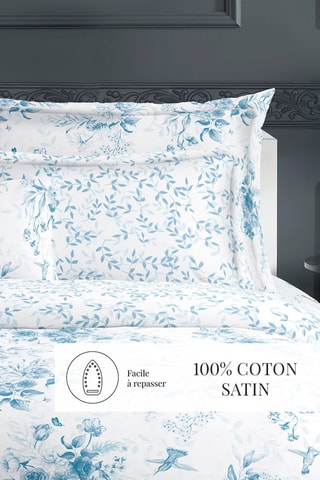 2 taies d'oreiller en satin de coton 79 fils/cm² Bleu Floral - Blanc