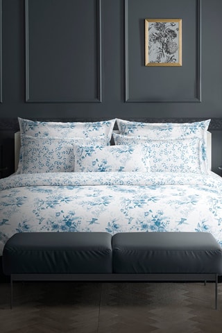 2 taies d'oreiller en satin de coton 79 fils/cm² Bleu Floral - Blanc