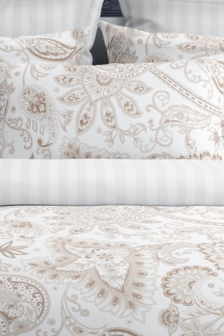 Parure de couette en satin de coton 79 fils/cm² Indienne - Blanc et beige