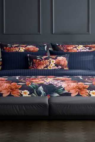 Parure de couette en satin de coton 80 fils/cm² Féline - Marron et bleu foncé