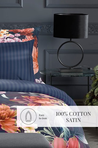 Parure de couette en satin de coton 80 fils/cm² Féline - Marron et bleu foncé