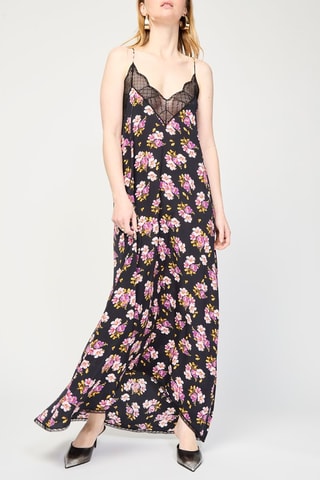 Robe longue en soie - Noir et rose