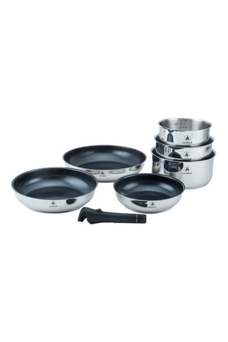 3 casseroles et 3 poêles en acier inoxydable 202 et revêtement antiadhésif Greblon® CK2 et 1 poignée amovible - 16/18/20 cm et 20/24/28 cm - 1,25/2/2,5 l et 1,25/1,8/2,5 l
