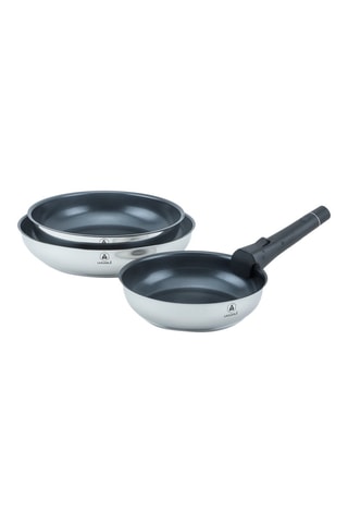 3 poêles en acier inoxydable 202 et revêtement antiadhésif Greblon® CK2 et 1 poignée amovible - 20/24/28 cm - 1,25/1,8/2,5 l