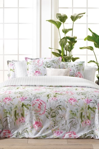 Parure de couette en satin de coton 200 fils/cm² Jardin de roses - Vert thym et rose