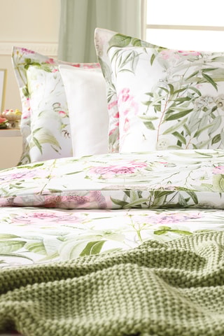 2 parures de couette en satin de coton 80 fils/cm² Jardin de roses - Blanc et vert