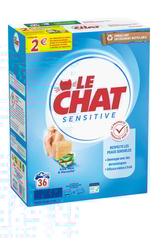 2 x Lessive Poudre Sensitive Le Chat - 2,16 kg, 36 lavages