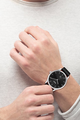 Montre à quartz en cuir - Noir et argenté