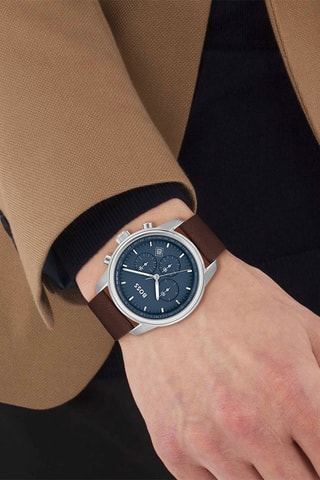 Montre à quartz en cuir - Tachymètre et chronographe - Marron et bleu