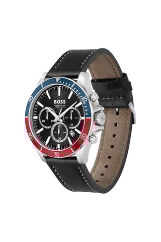 Montre à quartz en cuir - Chronographe - Noir et argenté