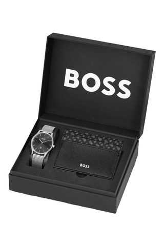 Coffret montre à quartz en acier, silicone et porte-cartes en cuir