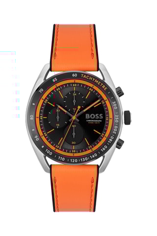 Montre à quartz en cuir - Chronographe et tachymètre - Orange et argenté