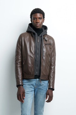 Blouson à capuche en cuir - Marron