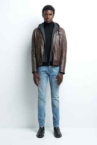 Blouson à capuche en cuir - Marron